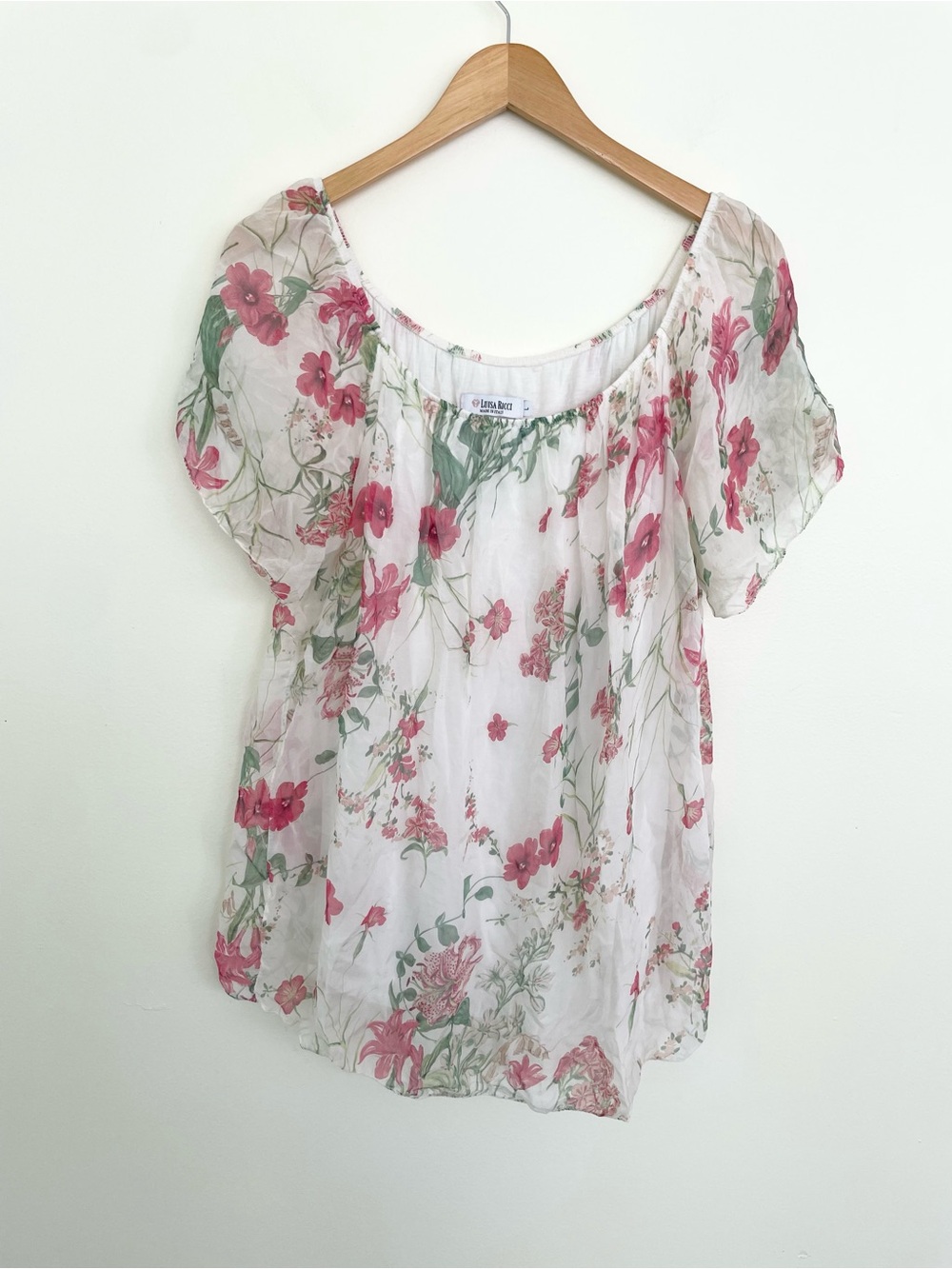 Luisa Ricci 100% Silk Layered Floral Short Sleeve Blouse L Large White Pink